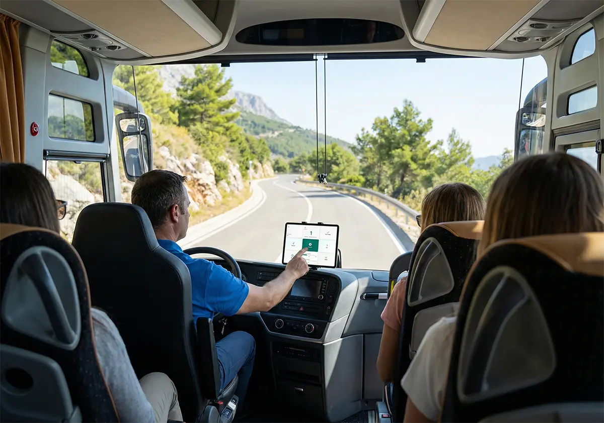 Bus tour group listening to synchronized audio guide