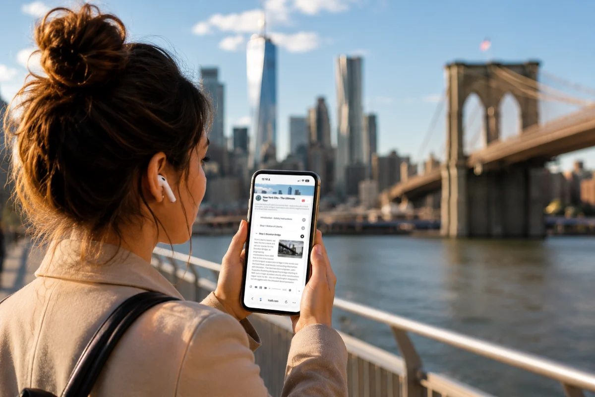 Group of tourists looking together at a smartphone with the TRP8 tour